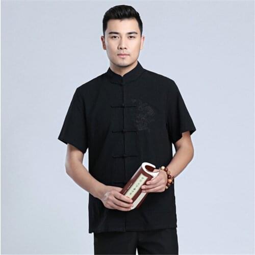 Mens shirt new summer plus size Tang suit mens Chinese tunic Chinese style Hanfu retro embroidery with pockets tai chi