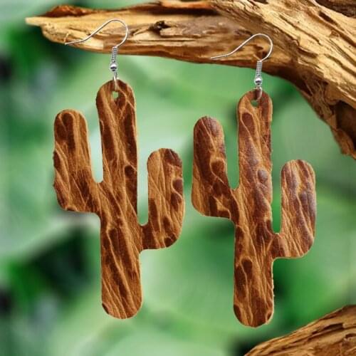 New Statement Earrings Jewelry Women Wholesale Unique Geometric Textured Water Drop Simple Retro Cactus Emboss Leather Earrings