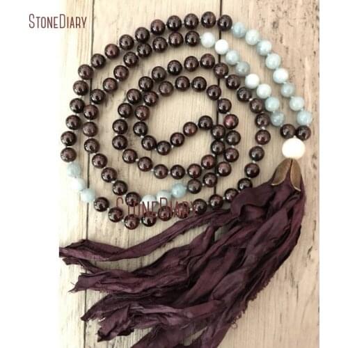 New Fashion Natural Garnet and Aquamarines Mala Necklace Sari Silk Tassel Hand Knotted 108 Mala Beads NM11121