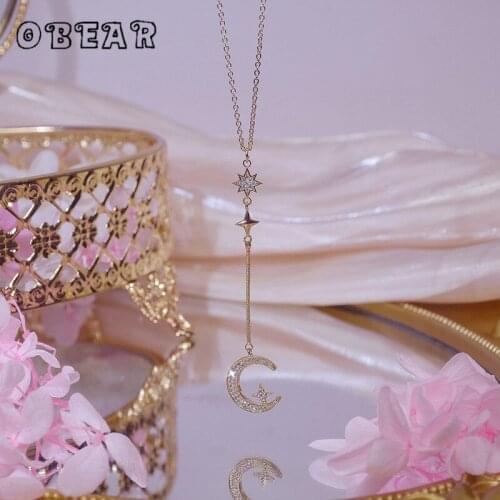 OBEAR Korea 14K Gold Temperament Moon Star Necklace Woman Elegant Sweet Exquisite Jewelry Gift