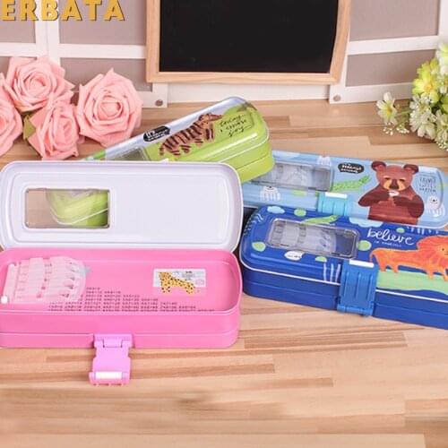 Cartoon Bear Pencil Case Lock Buckle Three-Layer Large Capacity Tinplate Box Escolar Papelaria School Supplies Stationery 19197