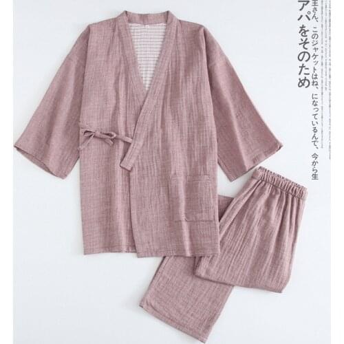 Sleepwear Pure Cotton Double Gauze Classic Japanese kimono Pajamas Tops Pants Suit Men / Women Thin Section Lace Up Home clothes