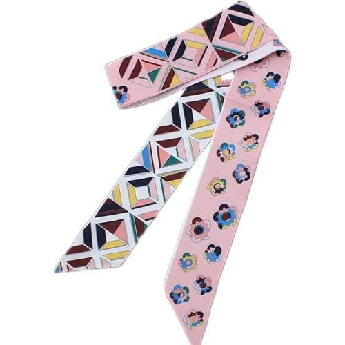Summer New Womens Silk Scarf Street Style Twill Print Ladies Headscarf Tied Bag Handle Ribbon Long Strip Shawl Beach Female M46