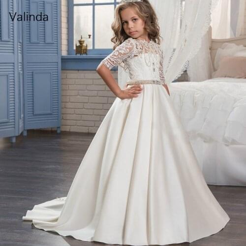 Ivory Flower Girl Dresses for Weddings Party Half Sleeves Satin Holy First Communion Dresses for Girls Clothing