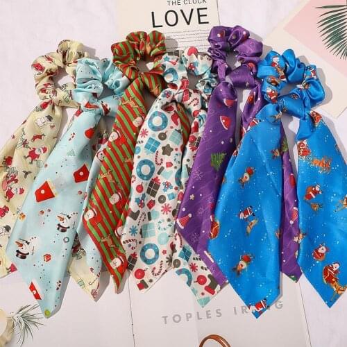 Paardenstaart Houder Haar Sjaal Kerst Hair Ties Boog Haar Lange Driehoek Elastische Haar Ring Scrunchies Linten Xmas F1U9