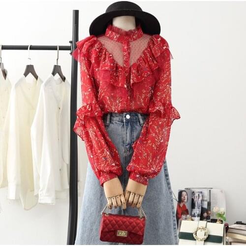 Mesh Pachwork Floral Women Shirts Spring New Design 2021 Turtleneck Ruffles Loose Lady Elegant Outwear Tops