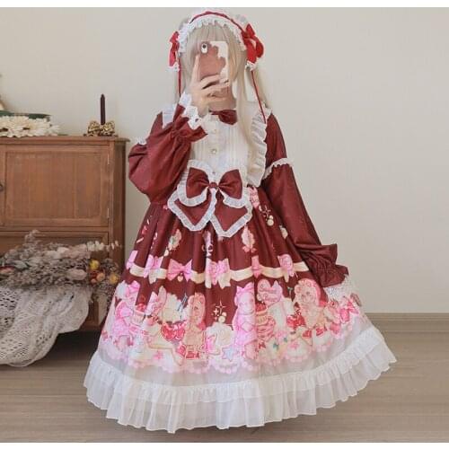 Women Kawaii Maid Outfit Unisex Pink Red Lolita Dress Anime Long Sleeve Dress Princess Vintage Tea Party Goth Cosplay Costume