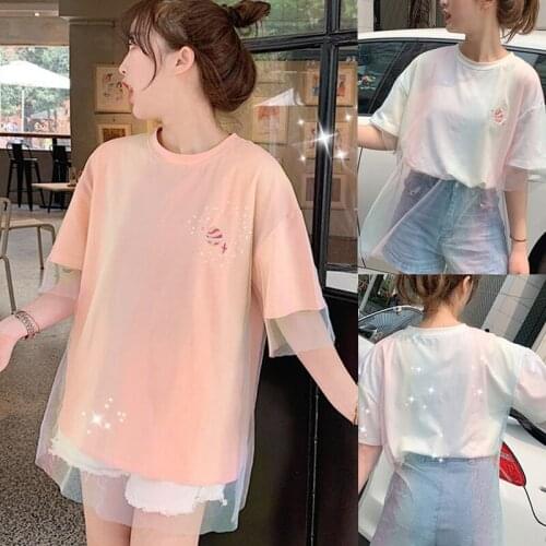 Womens Mesh Short Sleeve Round Collar Embroidery T-shirt Tee Top for Summer Party -OPK