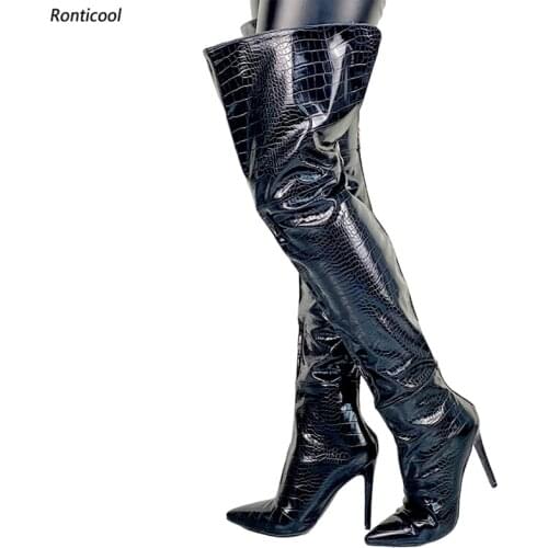 Ronticool Women Winter Thigh High Boots Sexy Snake Pattern Stiletto Heels Pointed Toe Black Club Shoes Women Us Size 45 46 47