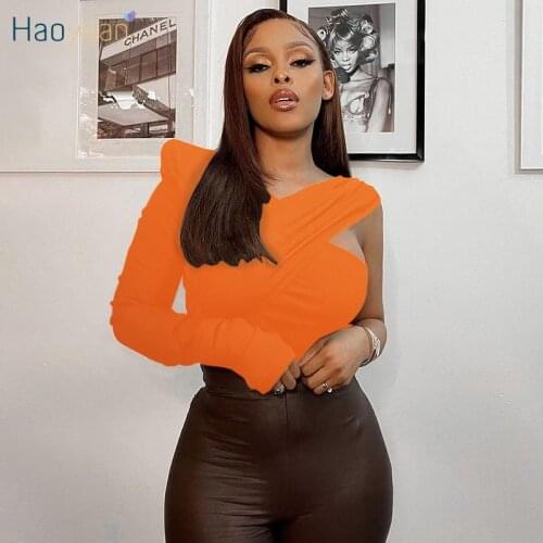 HAOYUAN Sexy One Shoulder Hollow Tops Trendy Clothes for Women Streetwear T Shirt Office Lady Wear Bodycon Tops Night Clubwear
