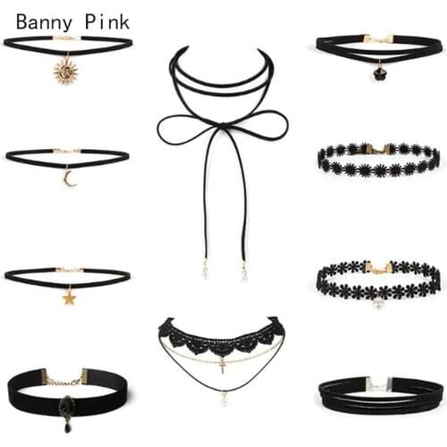 90S Black Velvet Leather Choker Necklaces For Women Alloy Sun Moon Star Geo Pendant Choker Collar Set Fashion Jewelry Colliers