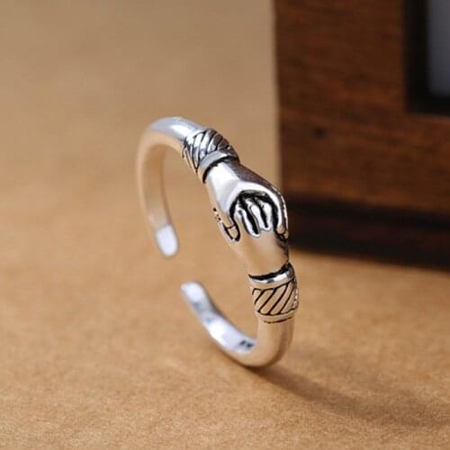 2019 New Retro Women 925 Sterling Silver Jewelry Ring Opening Handshake Creative Friendship Ring Fine Jewelry
