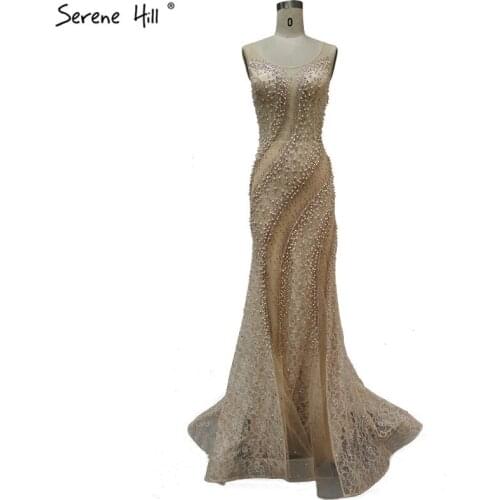 Gold O-Neck Luxury Dubai Design Prom Dresses 2020 Lace Pearls Crystal Mermaid Prom Gowns Serene Hill BLA60897