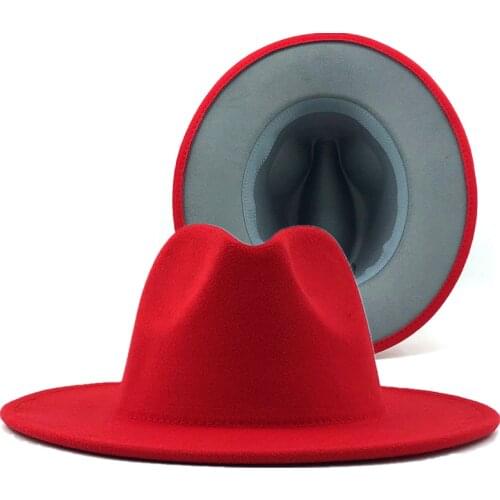 60CM red with gray Bottom Patchwork Panama Wool Felt Jazz Fedora Hats Women Men Wide Brim Party Cowboy Trilby Gambler Hat