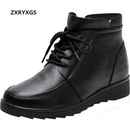 Promotion Black Genuine Leather Wool Winter Boots Warm Shoes Snow Boots Flat Non-slip Mom Shoes Casual Comfortable Women Boots