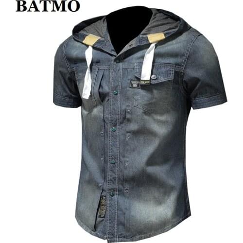 BATMO 2021 new arrival Summer high quality denim hooded shirts men,male shirt,plus-size S-4XL DX10288