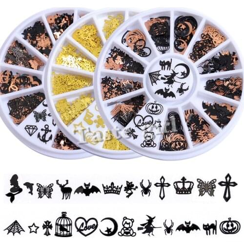 Mixed 12 shapes black gold metal Halloween christmas nail art decorations slice wheel nail foil decals fake nail accessoires tip