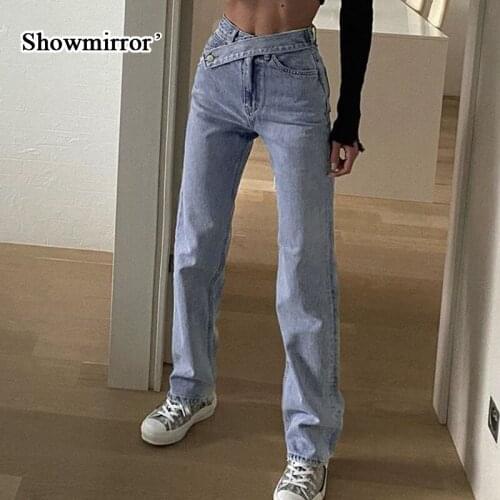 Showmirror Streetwear Korean Jeans Women Fashion High Waist Wide Leg Womens Denim Jeans Harajuku Cargo Pants Jeans Woman