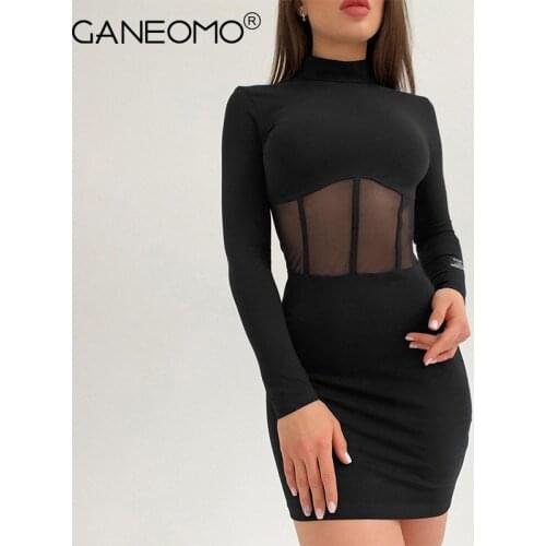 Elegant Long Sleeve Bodycon Dress for Women Black High Neck High Neck Party Short Skinny Mini Dresses 2021 Autumn Winter Clothes
