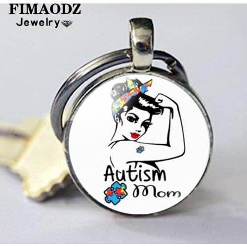 FIMAODZ Autism Mom Keychain Rainbow Puzzle Autism Awareness Symbol Glass Dome Metal Pendant Key Chain Hope Keyring Family Gift