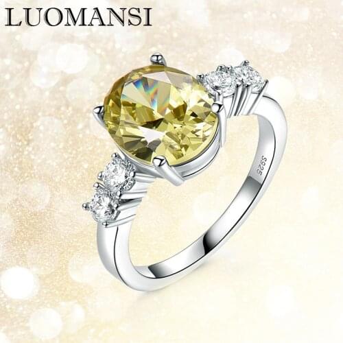 Luomansi 100%-S925 Sterling Silver Yellow Egg-Shaped High Carbon Diamond Ring Super Flash Woman Wedding Party Jewelry Gift