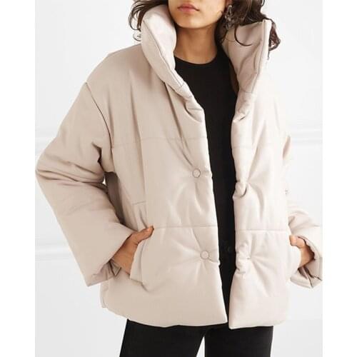 Trendy Women PU Leather Parka Fashion High Street Solid Faux Leather Coat Elegant Winter Thick Cotton Jacket Loose Outerwear
