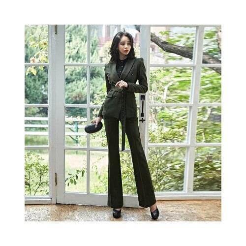 Fashion pants suit femme spring New Square buckle belt casual double-breasted army green suit + high-waisted pants business suit