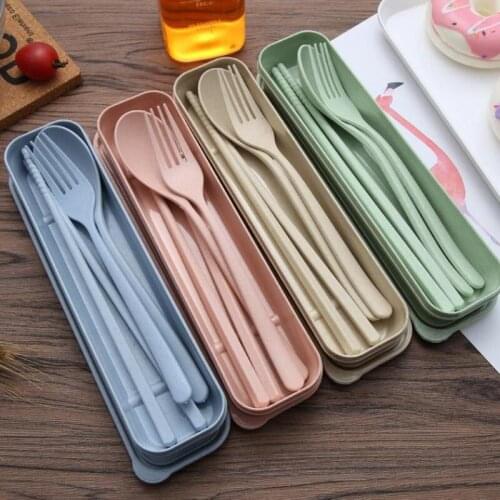 300Sets Portable Reusable Outdoor Camping Travel Wheat Straw Cutlery Tableware Set Fork+Spoon+Chopsticks 3pcs set for gift