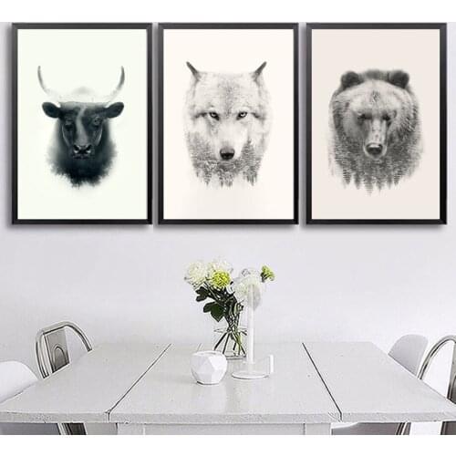 Wild Animal Wall Art Wolf Picture Canvas Painting , Black and White bear Photo Canvas Print and Poster Home Room Art Wall Decor