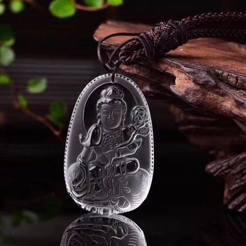 High quality pure natural pure white crystal seiko carved puxian bodhisattva pendant necklace, protect peace and ward off evil s