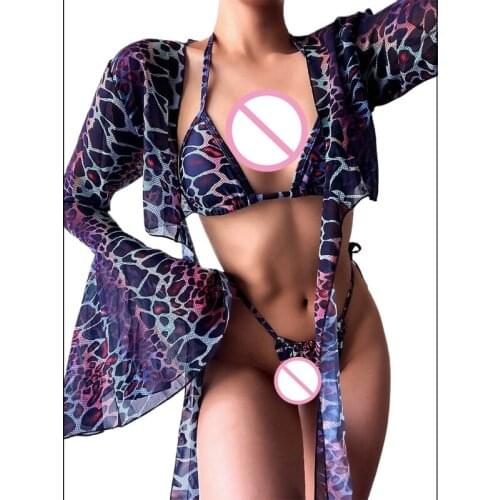 Sexy Leopard 3 Pieces Swimsuit Set Female Halter Triangle Bikini with Flare Long Sleeve Cover Up Cardigan Bathing Suit