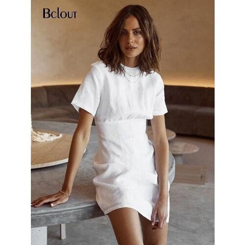 Bclout White Khaki Short Sleeve Woman Bodycon Dress Vintage High Waist O Neck Vestido Summer Cotton And Linen Mini Dresses 2021