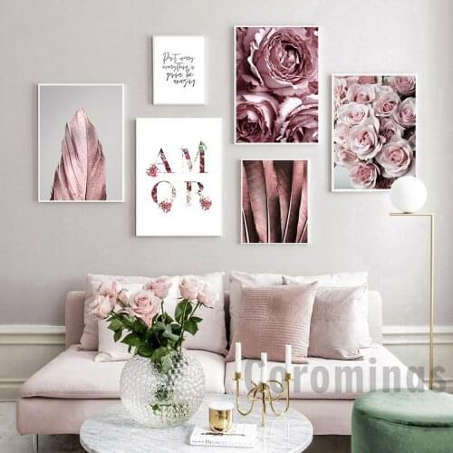 Scandinavian Fashion Poster Rose Flower Feather Nordic Style Wall Art Canvas Print Painting Modern Living Room Decor Picture