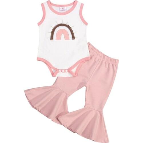 Pudcoco 2Pcs 0-24M Baby Girls Boys Summer Sleeveless O-Neck Rainbow Print Casual Fashion Bodysuit Tops+Flare Pants Outfit Sets