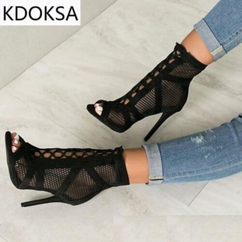 New Fashion show Black Net Fabric Cross strap Sexy high heel Sandals Woman shoes Pumps Lace-up Peep Toe Sandals