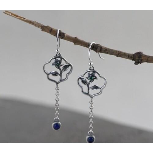 FNJ Flower Tassel Earrings 925 Silver Original Pure S925 Sterling Silver Drop Earring for Women Jewelry Red Agate Lapis Lazuli