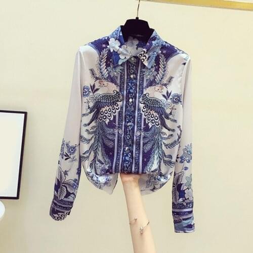 Vintage Printed Chiffon Women Shirts Summer New 2021 Turn-Down Collar Long-Sleeved Slim Office Lady Elegant Outwear Tops