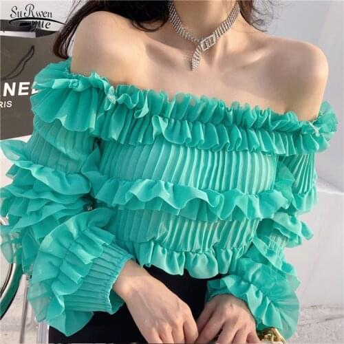 Autumn New Women Off Shoulder Long Sleeve Shirt Slash Neck Solid Ruffle Chiffon Shirt Sweet Casual Candy Color Tops Blusas 15754