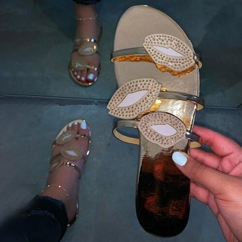 2021 New Women Crystal Flat Slippers Summer Ladies Comfort Outside Shoes Female Fashion Gold Casual Footwear Plus Size 35-43