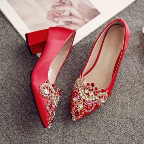 Women Crystal Wedding Shoes Pregnant Femal Comfortable High Heels Pointed Toe Pumps with Crystal Pearls Red Satin for Bride