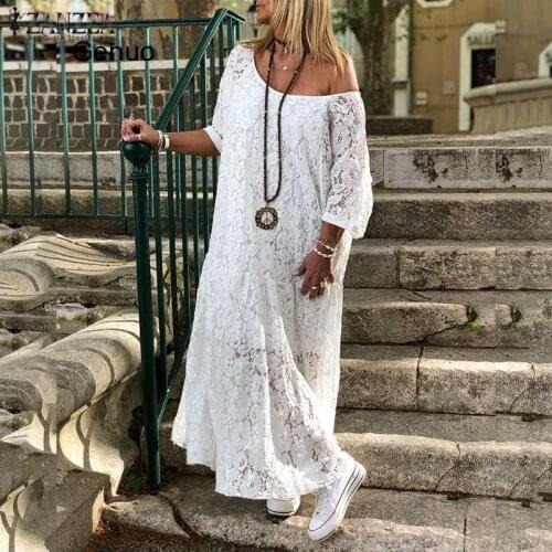 Women Lace Crochet Maxi Long Dress Summer O Neck 3/4 Sleeve Party Vestido Robe Femme Bohemian Sundress Casual Loose Dress