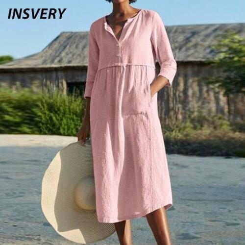 New Shirt Dress Women O Neck Button Pocket Casual Dress Plus Size Vintage Party Dress Boho Long Sleeve Spring Summer Dress