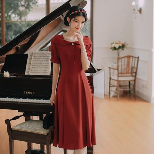 Summer Dress Women 2021 New French Retro Fashion Chic Square Collar Pearl Single Breasted Elegant Party Dresses Red Vestido
