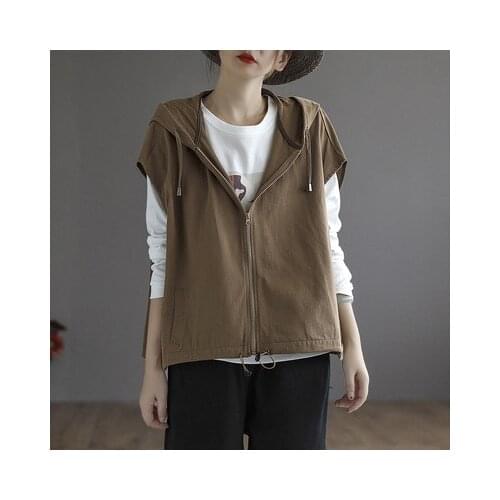 2021 Autumn New vest Women Retro Loose Tops Coat Ladies Hooded Zipper Sleeveless Casual All-match vest Coat