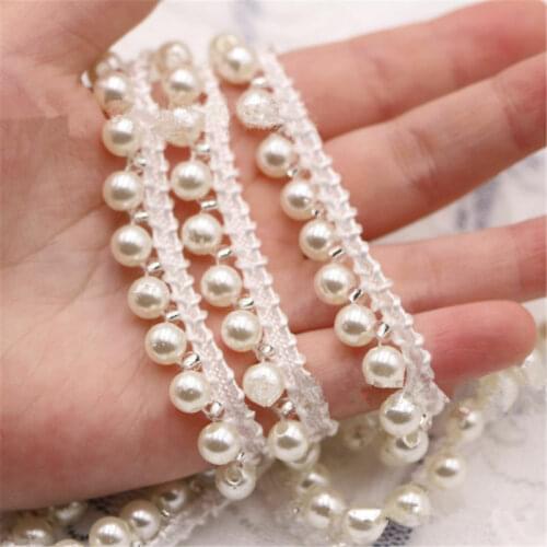 2 Yards Vintage Pearl Beaded Lace Edge Trim Ribbon Wedding Applique DIY Sewing Craft Women Garment Accessories