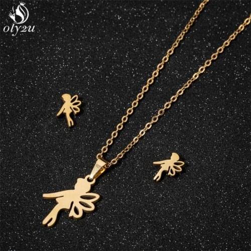 2020 Women Necklace Flower Fairy Elf Necklaces for Girls Stainless Steel Jewelry Set Angel Pendant Necklaces Earring Jewelry Gif