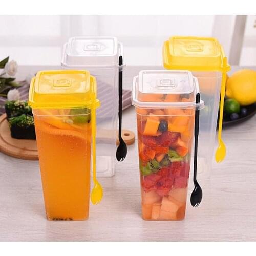 960ML Disposable Cups Thick Transparent Plastic Drinking Cups with Lid Juice Tea Cup with Fork SN3127