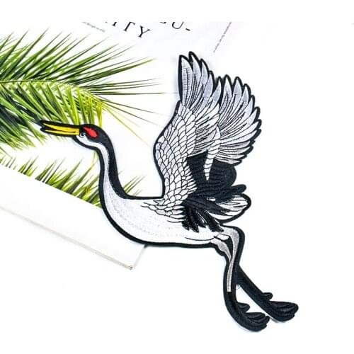 White Crane Patches for Clothing Embroidery Applique Sew on Red crowned Crane Birds Decor DIY Embroidered Stickers for Clothes