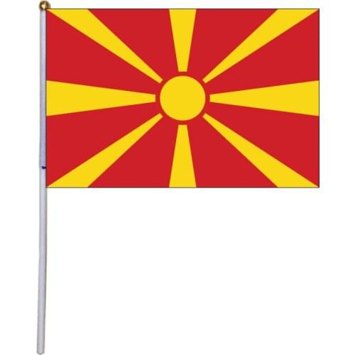Free shipping xvggdg 100pcs 14 * 21cm National Flag Macedonia hand flags with plastic flagpole Polyester Printing flag