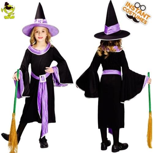 Girls Purple Witch Costume Kids Black And Purple Dress With Hat Clothes for Halloween Cosplay Party